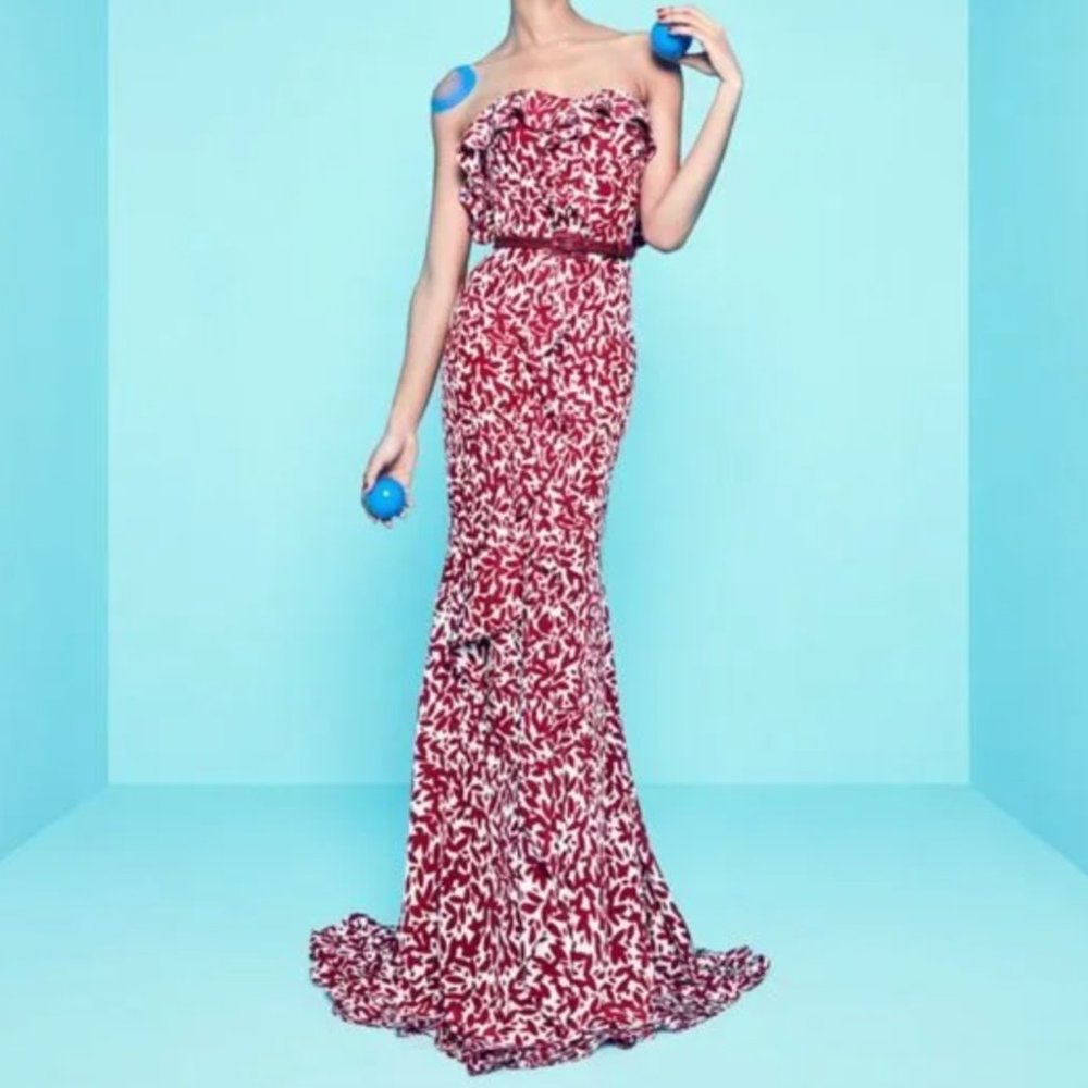 Oscar de la Renta Pre-Fall 17 Strapless Printed Silk Crepe de Chine Gown